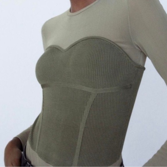 Zara Tops - Zara Khaki Mesh Knit Long Sleeve Bodysuit